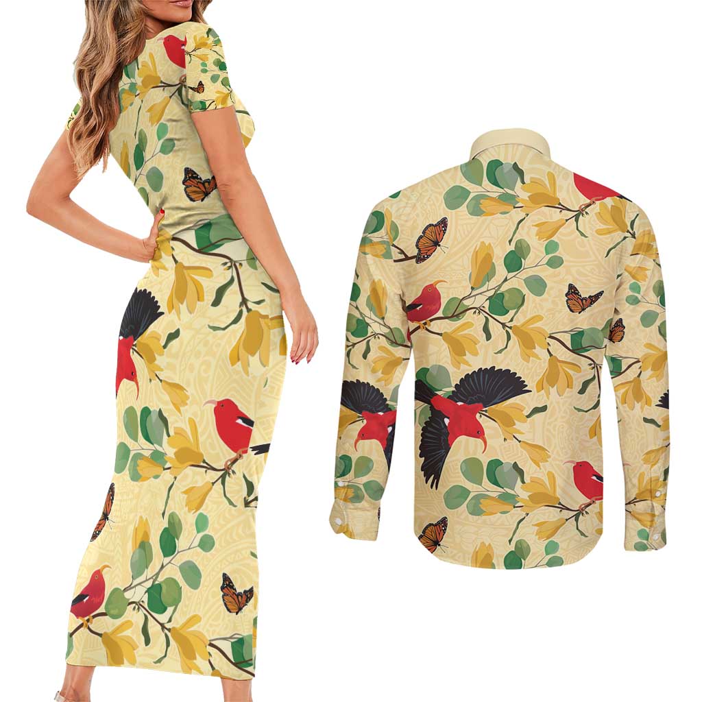 Aloha Hawaii Couples Matching Short Sleeve Bodycon Dress and Long Sleeve Button Shirt I'iwi on Mamane Pastel Cream