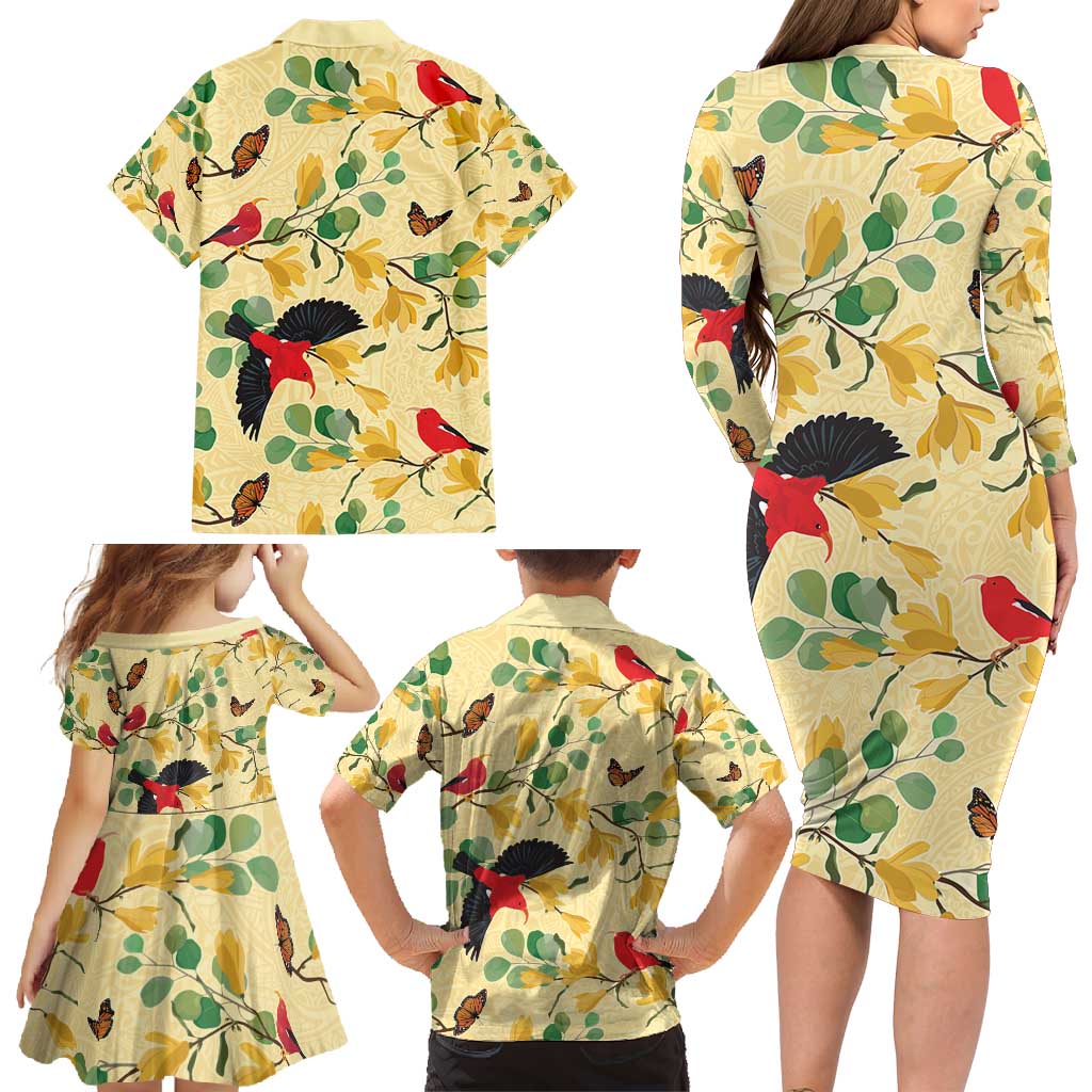 Aloha Hawaii Family Matching Long Sleeve Bodycon Dress and Hawaiian Shirt I'iwi on Mamane Pastel Cream LT7 - Polynesian Pride