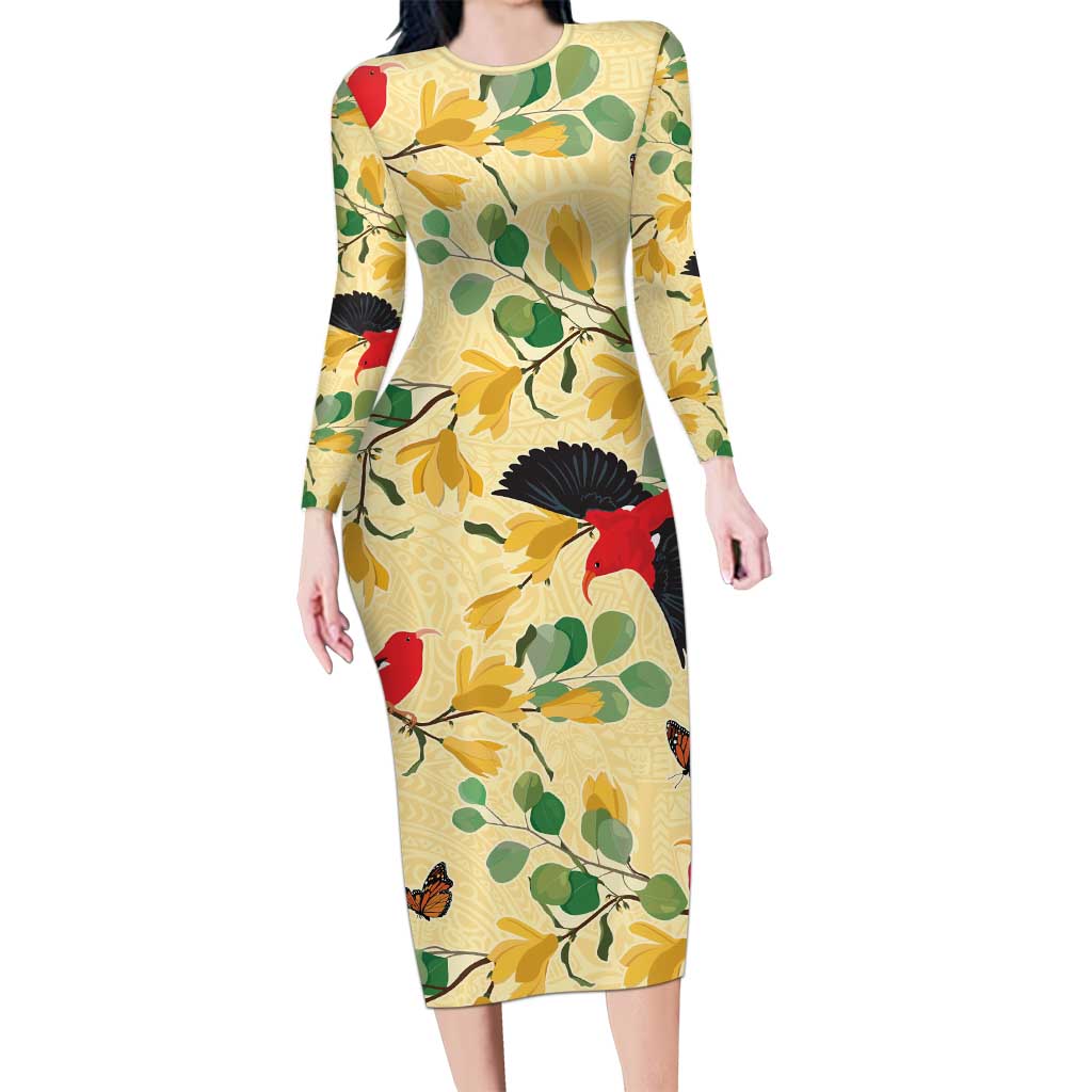 Aloha Hawaii Family Matching Long Sleeve Bodycon Dress and Hawaiian Shirt I'iwi on Mamane Pastel Cream LT7 Mom's Dress Light Yellow - Polynesian Pride