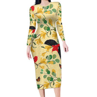 Aloha Hawaii Family Matching Long Sleeve Bodycon Dress and Hawaiian Shirt I'iwi on Mamane Pastel Cream LT7 Mom's Dress Light Yellow - Polynesian Pride