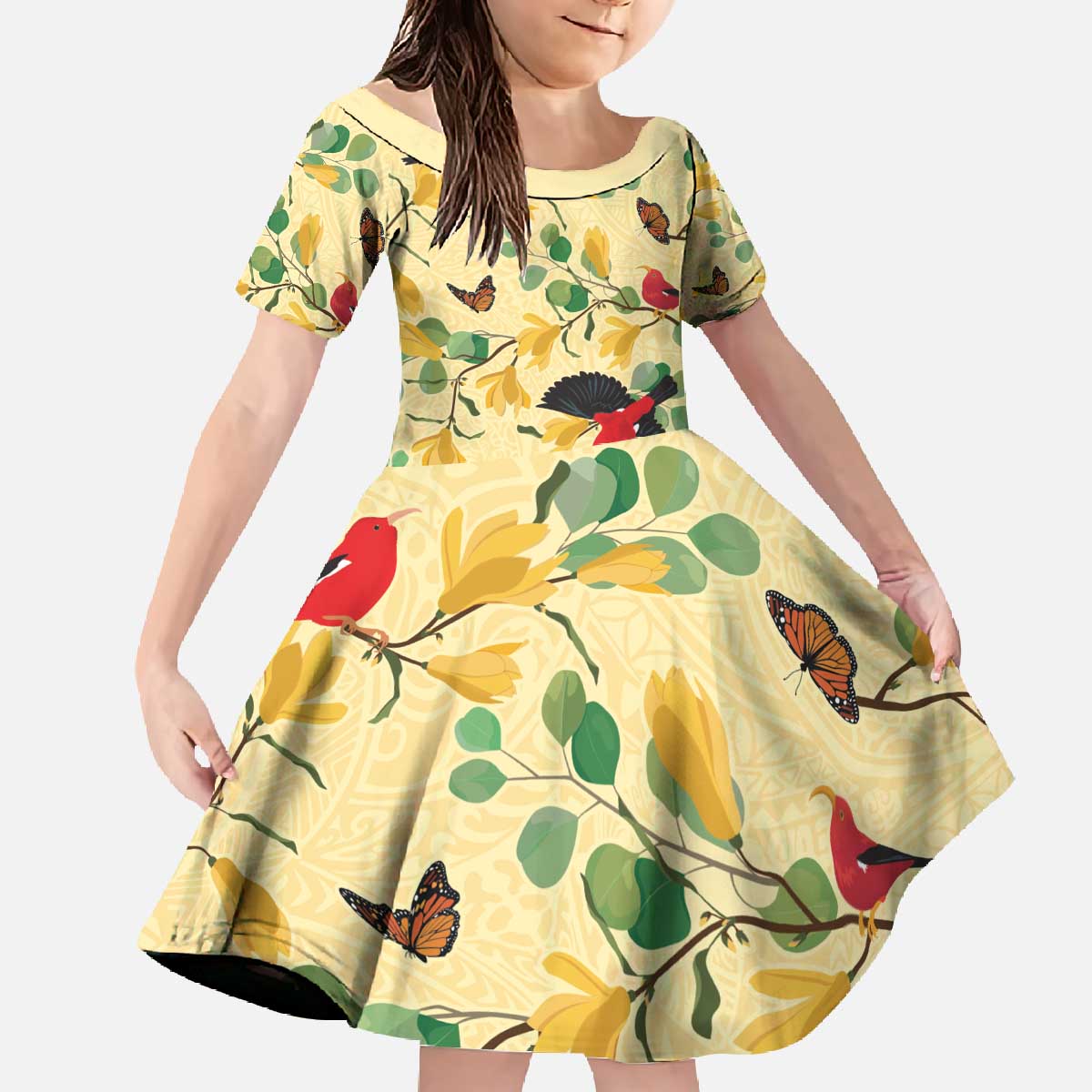 Aloha Hawaii Family Matching Off The Shoulder Long Sleeve Dress and Hawaiian Shirt I'iwi on Mamane Pastel Cream LT7 Daughter's Dress Light Yellow - Polynesian Pride