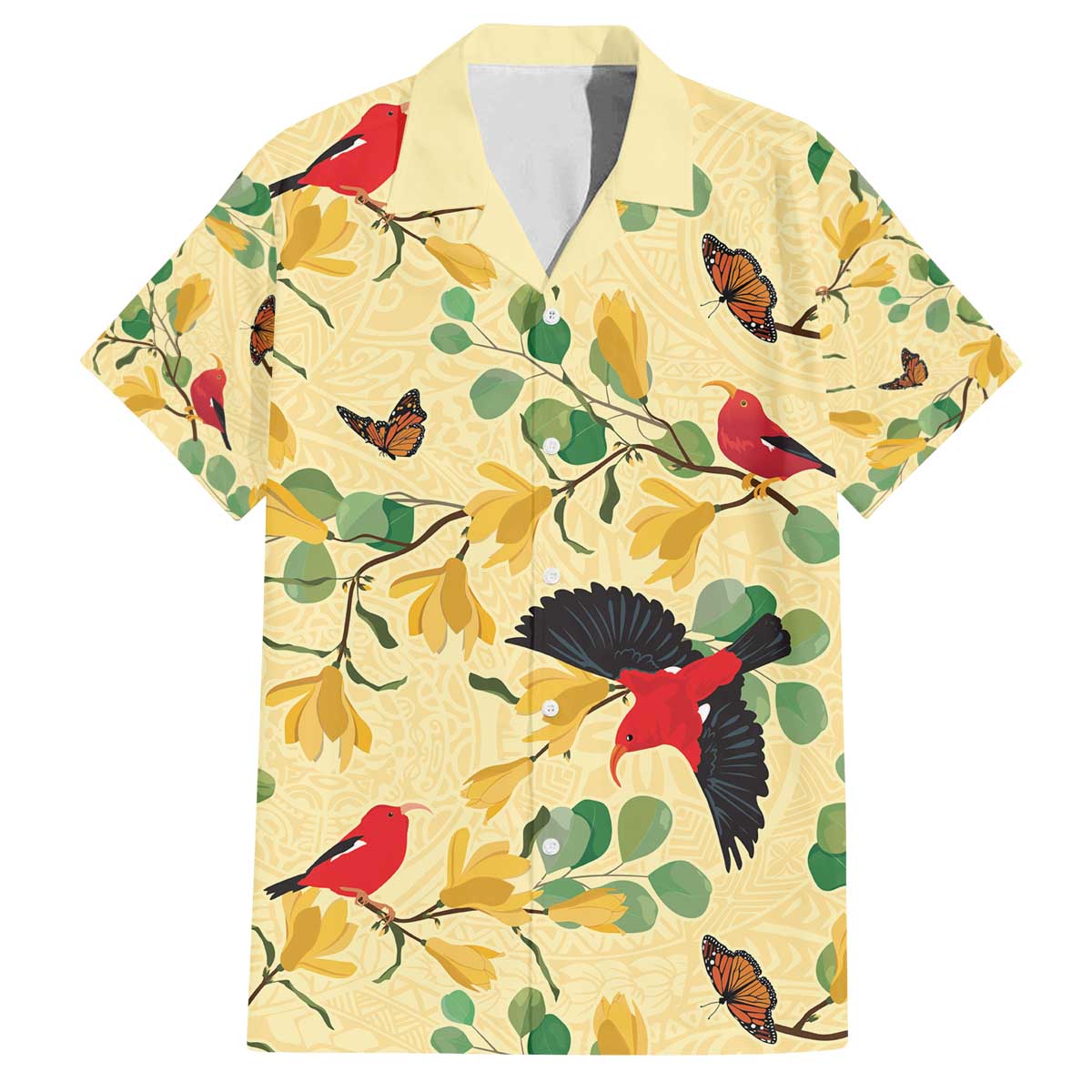 Aloha Hawaii Family Matching Off The Shoulder Long Sleeve Dress and Hawaiian Shirt I'iwi on Mamane Pastel Cream LT7 Dad's Shirt - Short Sleeve Light Yellow - Polynesian Pride
