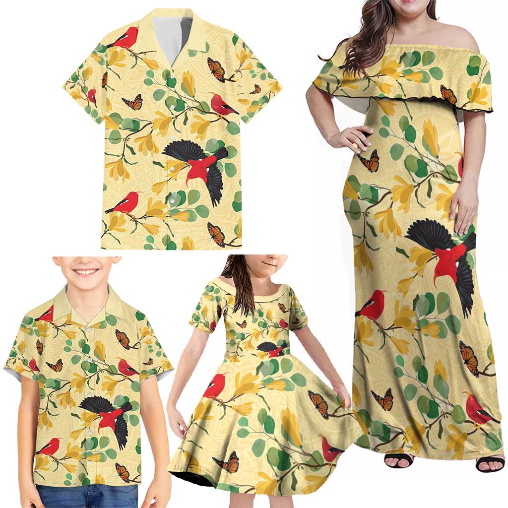 Aloha Hawaii Family Matching Off Shoulder Maxi Dress and Hawaiian Shirt I'iwi on Mamane Pastel Cream LT7 - Polynesian Pride