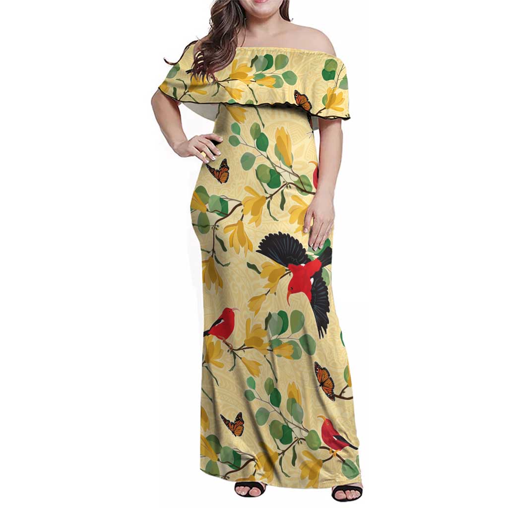 Aloha Hawaii Family Matching Off Shoulder Maxi Dress and Hawaiian Shirt I'iwi on Mamane Pastel Cream LT7 Mom's Dress Light Yellow - Polynesian Pride