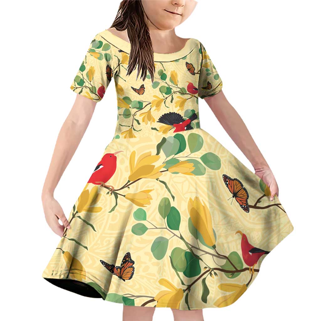 Aloha Hawaii Family Matching Off Shoulder Short Dress and Hawaiian Shirt I'iwi on Mamane Pastel Cream LT7 Daughter's Dress Light Yellow - Polynesian Pride