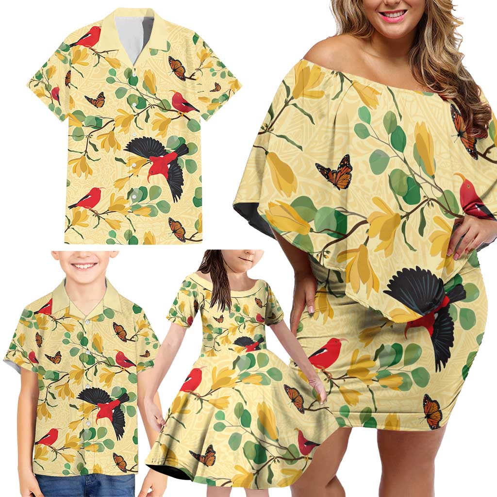 Aloha Hawaii Family Matching Off Shoulder Short Dress and Hawaiian Shirt I'iwi on Mamane Pastel Cream LT7 - Polynesian Pride