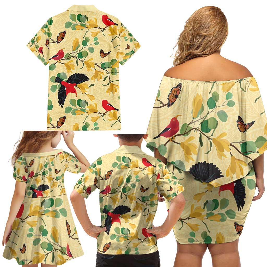 Aloha Hawaii Family Matching Off Shoulder Short Dress and Hawaiian Shirt I'iwi on Mamane Pastel Cream LT7 - Polynesian Pride