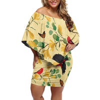 Aloha Hawaii Family Matching Off Shoulder Short Dress and Hawaiian Shirt I'iwi on Mamane Pastel Cream LT7 Mom's Dress Light Yellow - Polynesian Pride