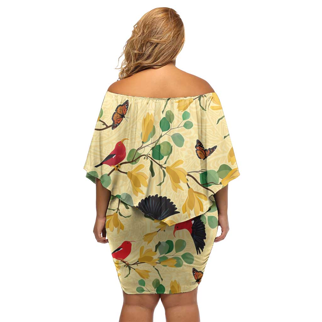 Aloha Hawaii Family Matching Off Shoulder Short Dress and Hawaiian Shirt I'iwi on Mamane Pastel Cream LT7 - Polynesian Pride