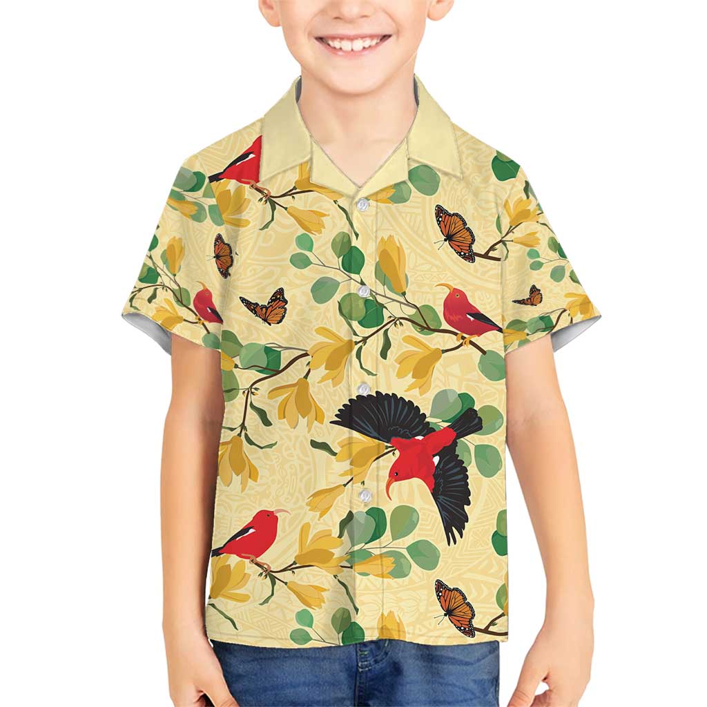 Aloha Hawaii Family Matching Off Shoulder Short Dress and Hawaiian Shirt I'iwi on Mamane Pastel Cream LT7 Son's Shirt Light Yellow - Polynesian Pride