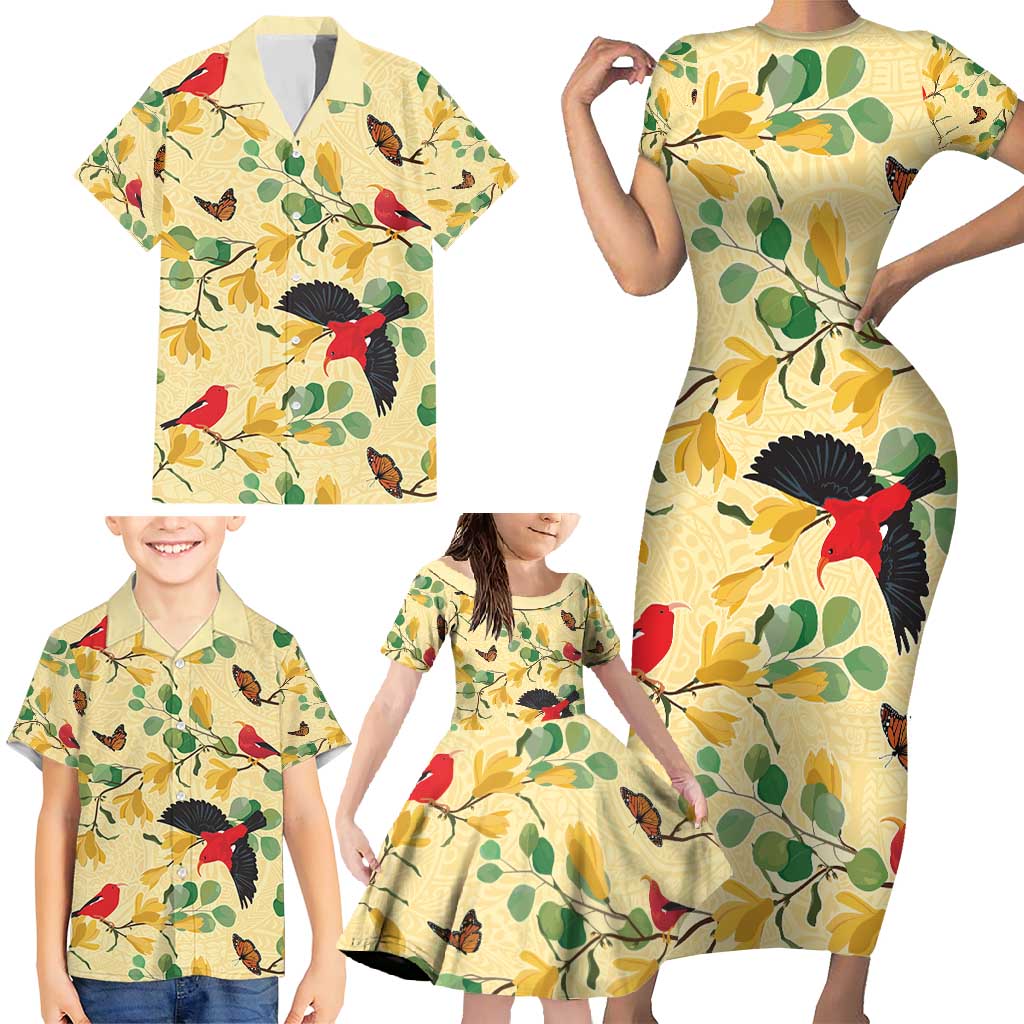 Aloha Hawaii Family Matching Short Sleeve Bodycon Dress and Hawaiian Shirt I'iwi on Mamane Pastel Cream LT7 - Polynesian Pride