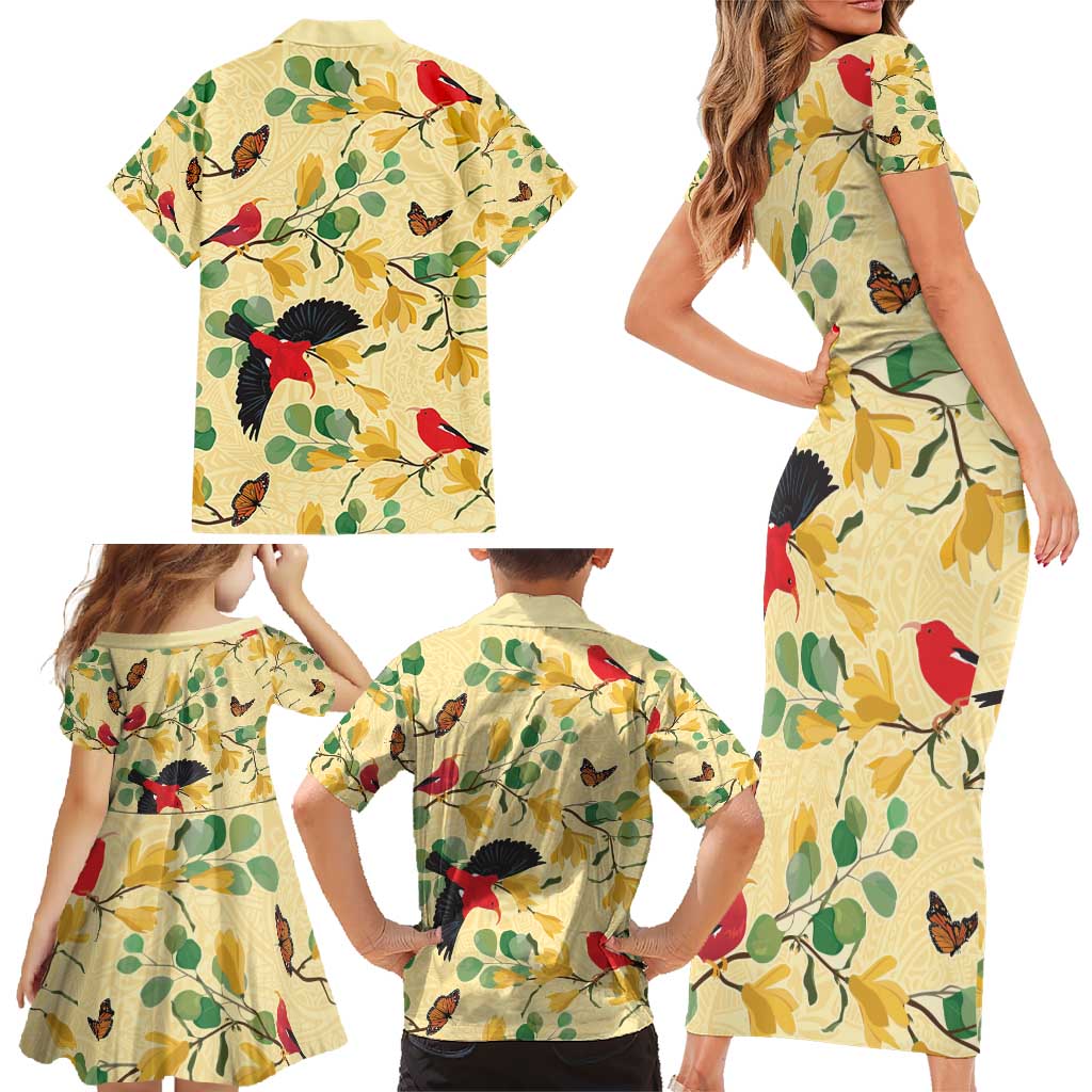 Aloha Hawaii Family Matching Short Sleeve Bodycon Dress and Hawaiian Shirt I'iwi on Mamane Pastel Cream LT7 - Polynesian Pride