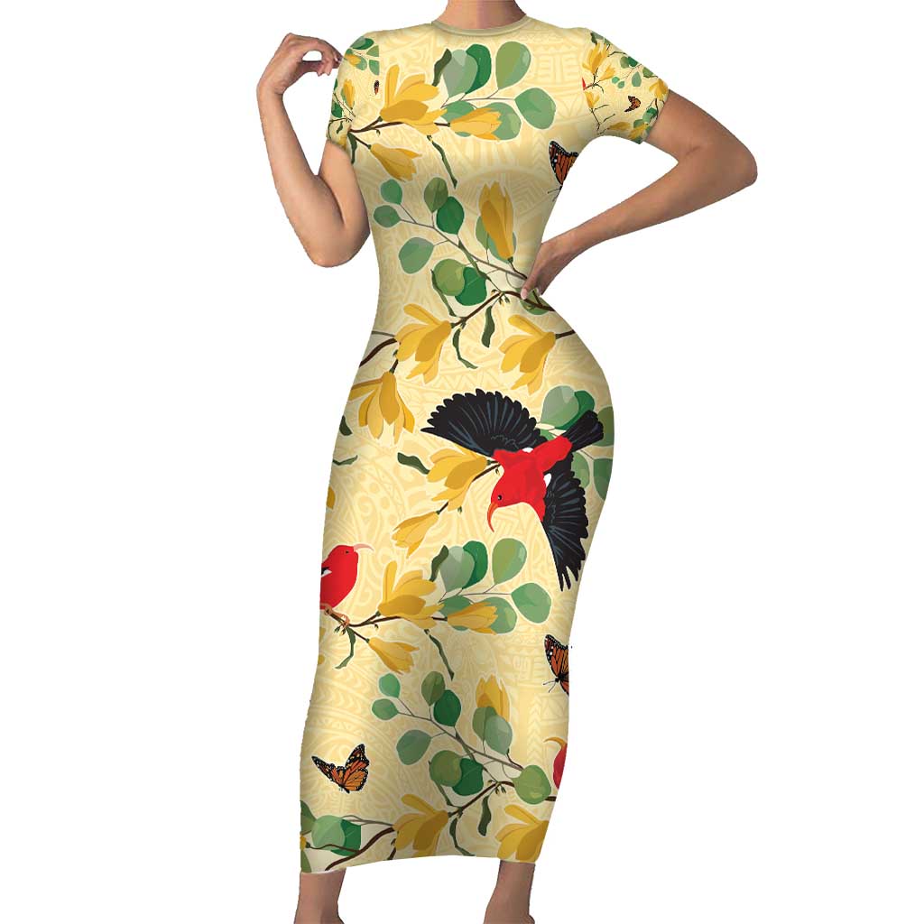 Aloha Hawaii Family Matching Short Sleeve Bodycon Dress and Hawaiian Shirt I'iwi on Mamane Pastel Cream LT7 Mom's Dress Light Yellow - Polynesian Pride