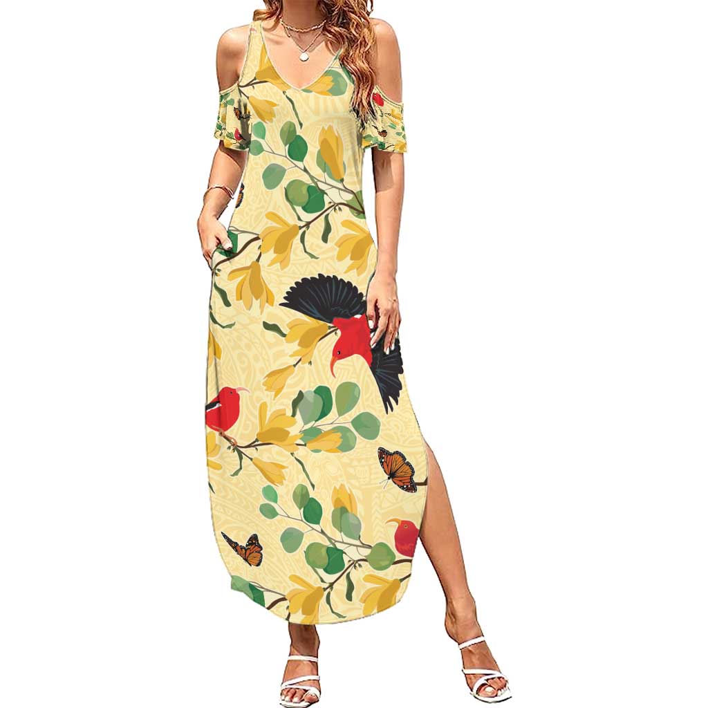 Aloha Hawaii Family Matching Summer Maxi Dress and Hawaiian Shirt I'iwi on Mamane Pastel Cream LT7 Mom's Dress Light Yellow - Polynesian Pride