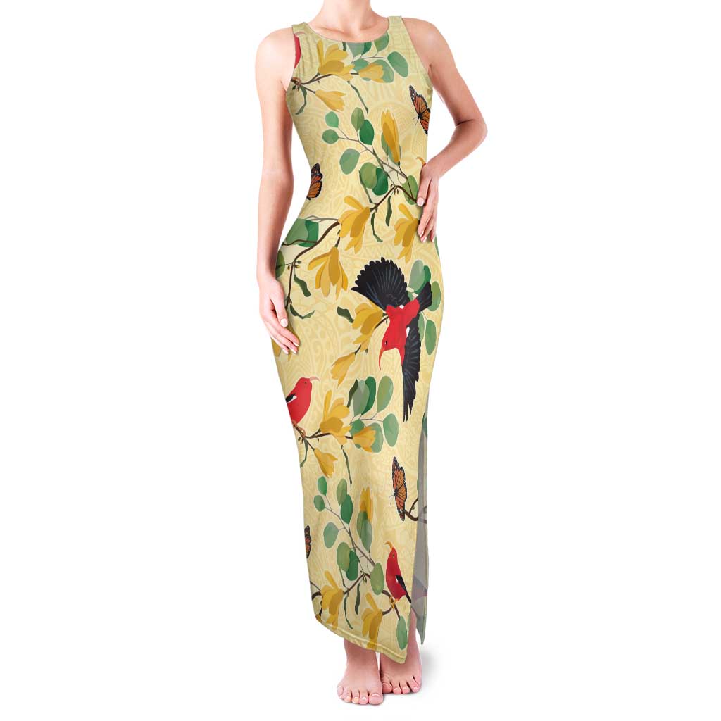 Aloha Hawaii Family Matching Tank Maxi Dress and Hawaiian Shirt I'iwi on Mamane Pastel Cream LT7 Mom's Dress Light Yellow - Polynesian Pride