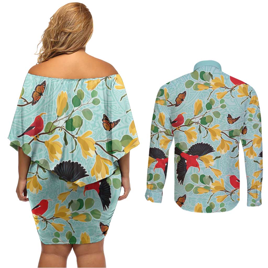 Aloha Hawaii Couples Matching Off Shoulder Short Dress and Long Sleeve Button Shirt I'iwi on Mamane Pastel Turquoise