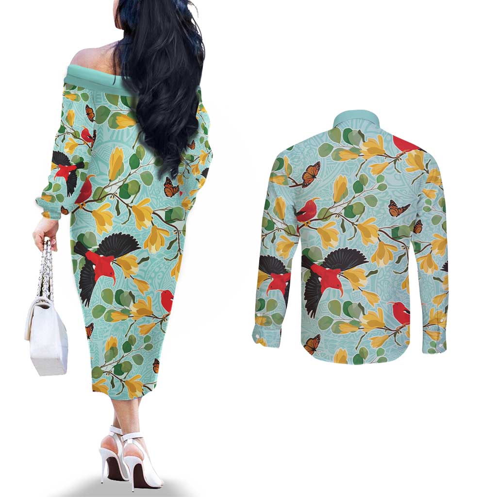 Aloha Hawaii Couples Matching Off The Shoulder Long Sleeve Dress and Long Sleeve Button Shirt I'iwi on Mamane Pastel Turquoise