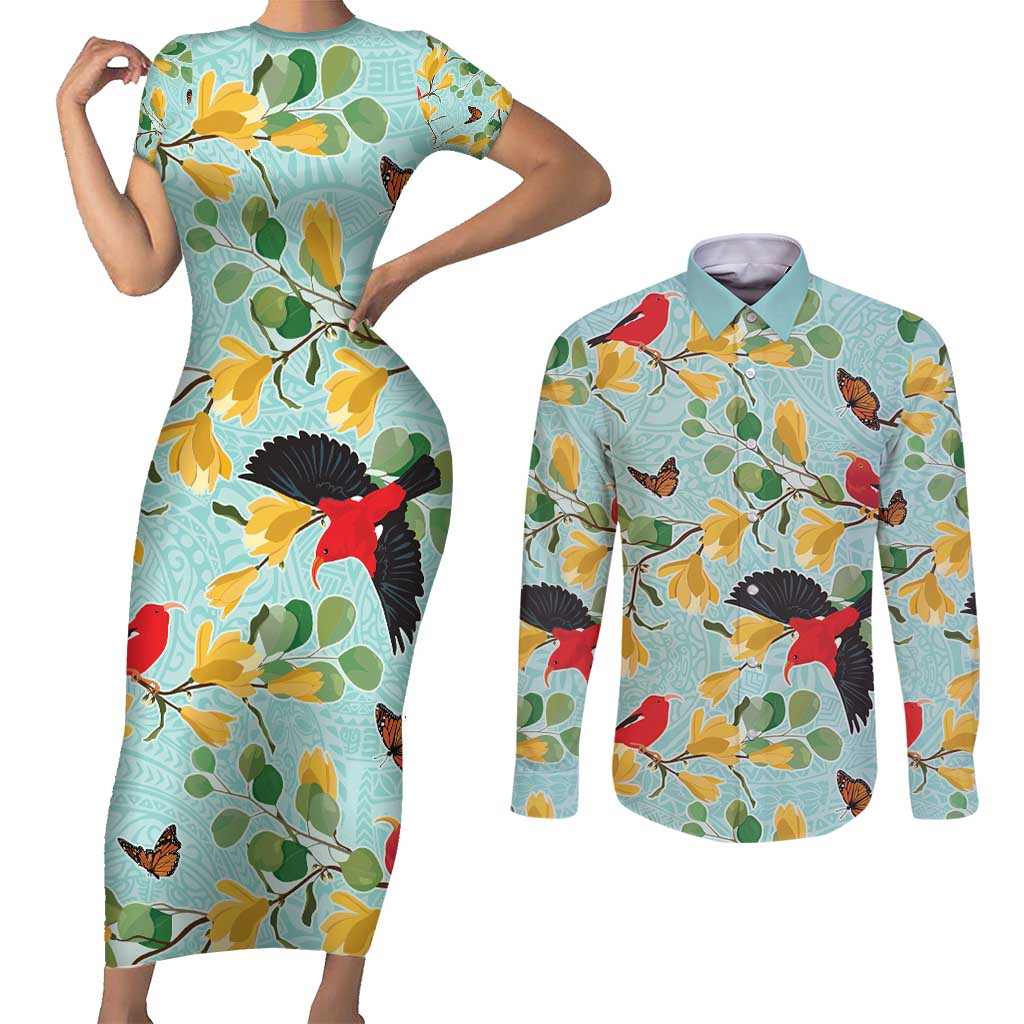 Aloha Hawaii Couples Matching Short Sleeve Bodycon Dress and Long Sleeve Button Shirt I'iwi on Mamane Pastel Turquoise