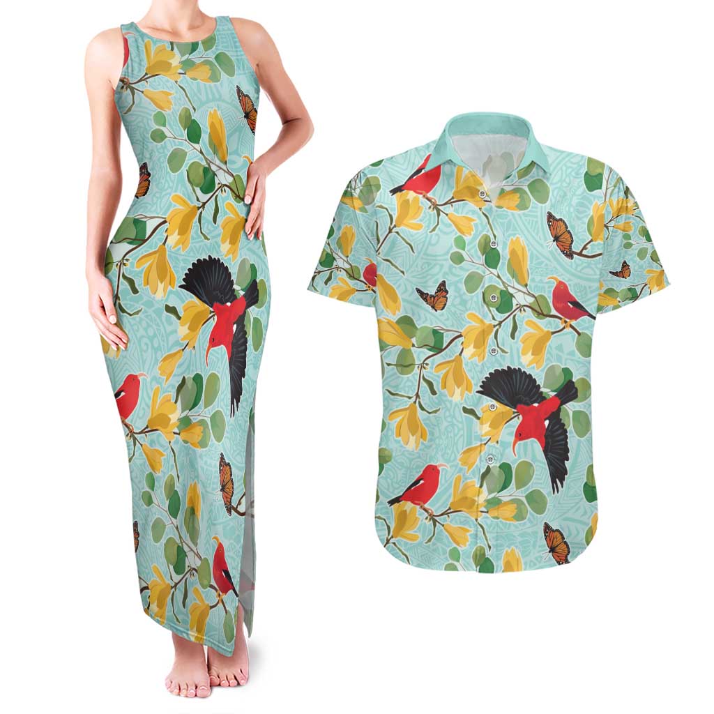 Aloha Hawaii Couples Matching Tank Maxi Dress and Hawaiian Shirt I'iwi on Mamane Pastel Turquoise