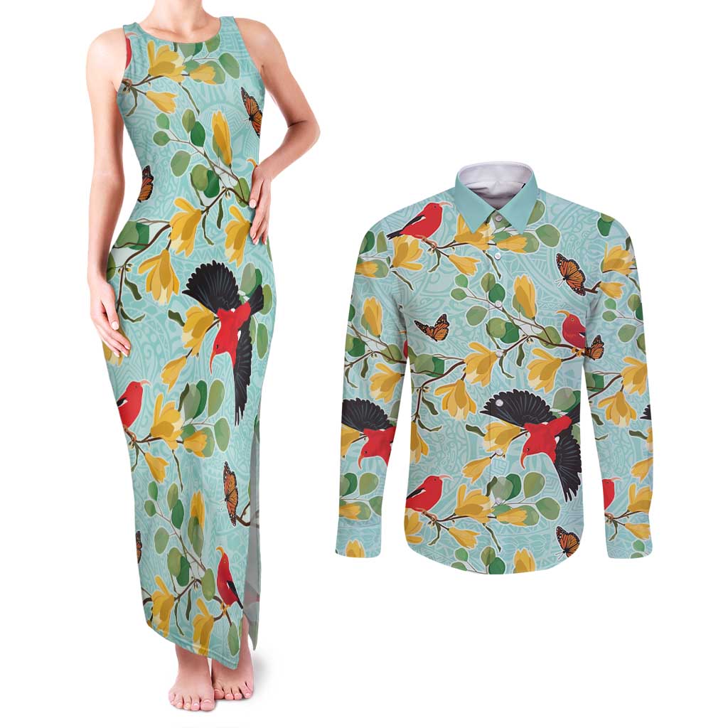 Aloha Hawaii Couples Matching Tank Maxi Dress and Long Sleeve Button Shirt I'iwi on Mamane Pastel Turquoise