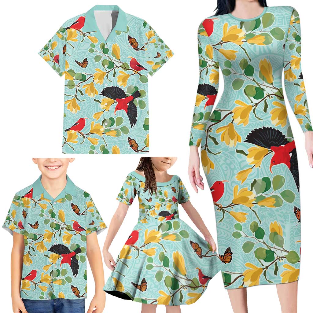 Aloha Hawaii Family Matching Long Sleeve Bodycon Dress and Hawaiian Shirt I'iwi on Mamane Pastel Turquoise LT7 - Polynesian Pride