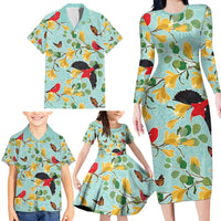 Aloha Hawaii Family Matching Long Sleeve Bodycon Dress and Hawaiian Shirt I'iwi on Mamane Pastel Turquoise LT7 - Polynesian Pride