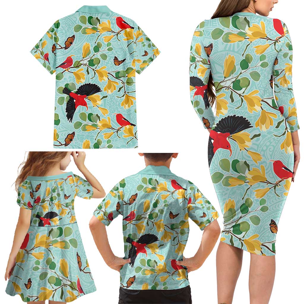 Aloha Hawaii Family Matching Long Sleeve Bodycon Dress and Hawaiian Shirt I'iwi on Mamane Pastel Turquoise LT7 - Polynesian Pride