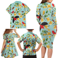 Aloha Hawaii Family Matching Long Sleeve Bodycon Dress and Hawaiian Shirt I'iwi on Mamane Pastel Turquoise LT7 - Polynesian Pride