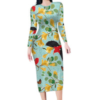 Aloha Hawaii Family Matching Long Sleeve Bodycon Dress and Hawaiian Shirt I'iwi on Mamane Pastel Turquoise LT7 Mom's Dress Turquoise - Polynesian Pride