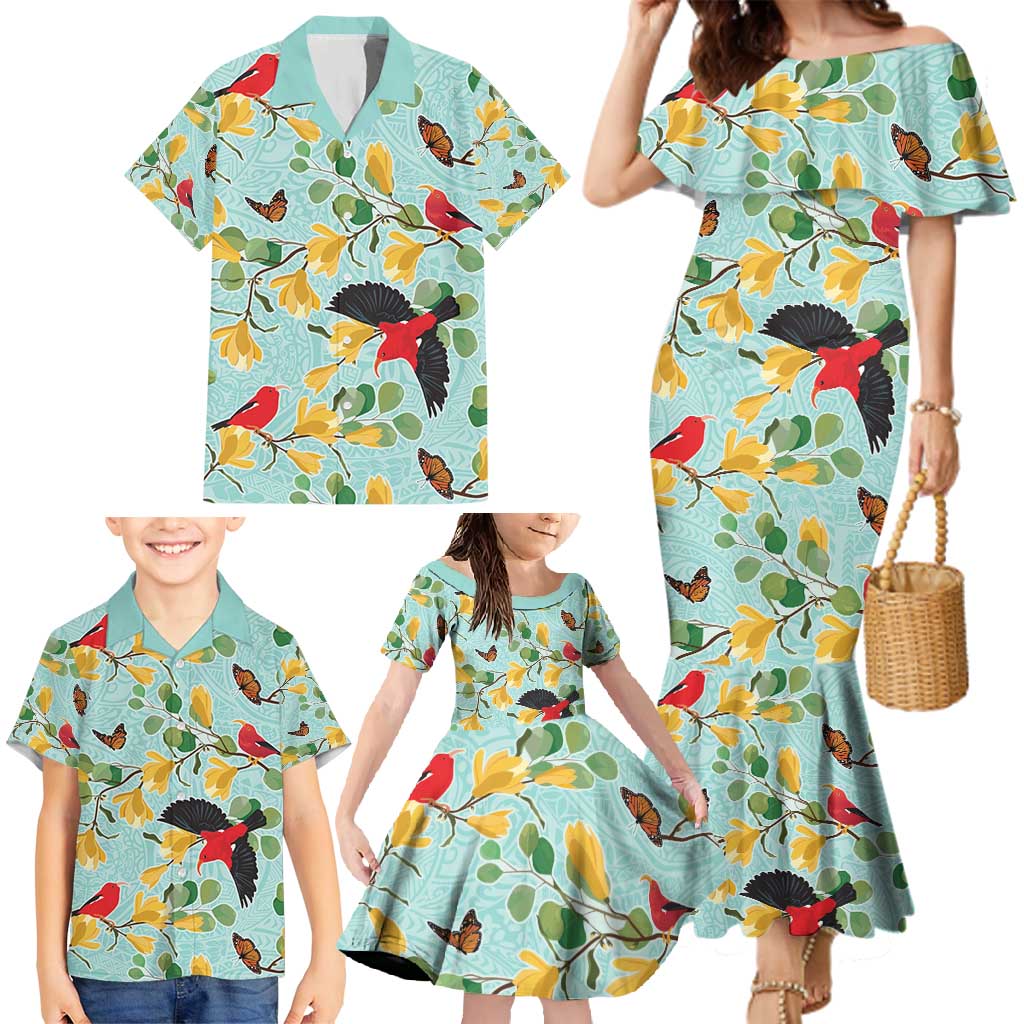 Aloha Hawaii Family Matching Mermaid Dress and Hawaiian Shirt I'iwi on Mamane Pastel Turquoise LT7 - Polynesian Pride