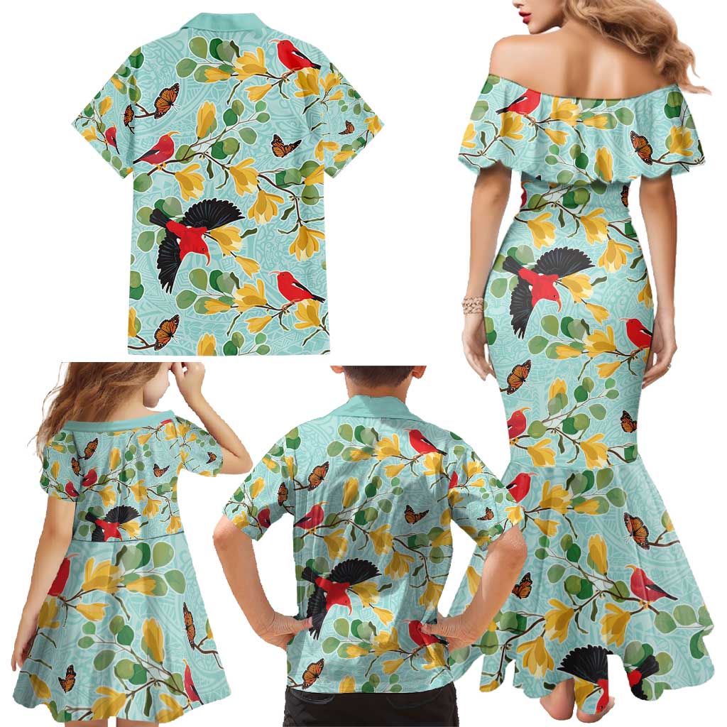 Aloha Hawaii Family Matching Mermaid Dress and Hawaiian Shirt I'iwi on Mamane Pastel Turquoise LT7 - Polynesian Pride