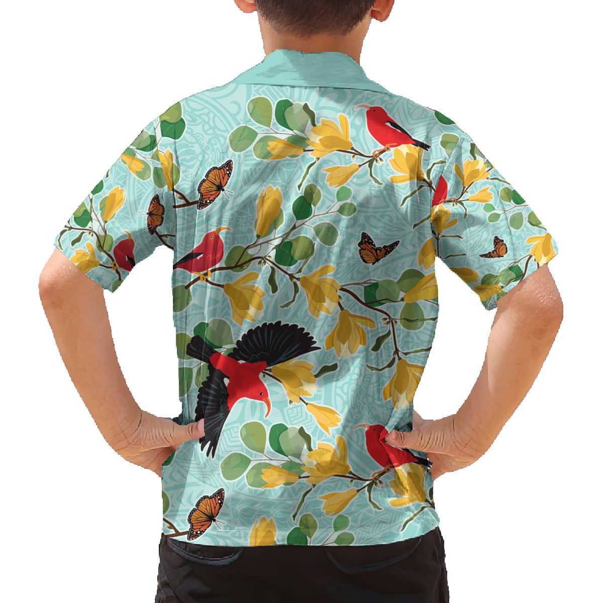 Aloha Hawaii Family Matching Off The Shoulder Long Sleeve Dress and Hawaiian Shirt I'iwi on Mamane Pastel Turquoise LT7 - Polynesian Pride