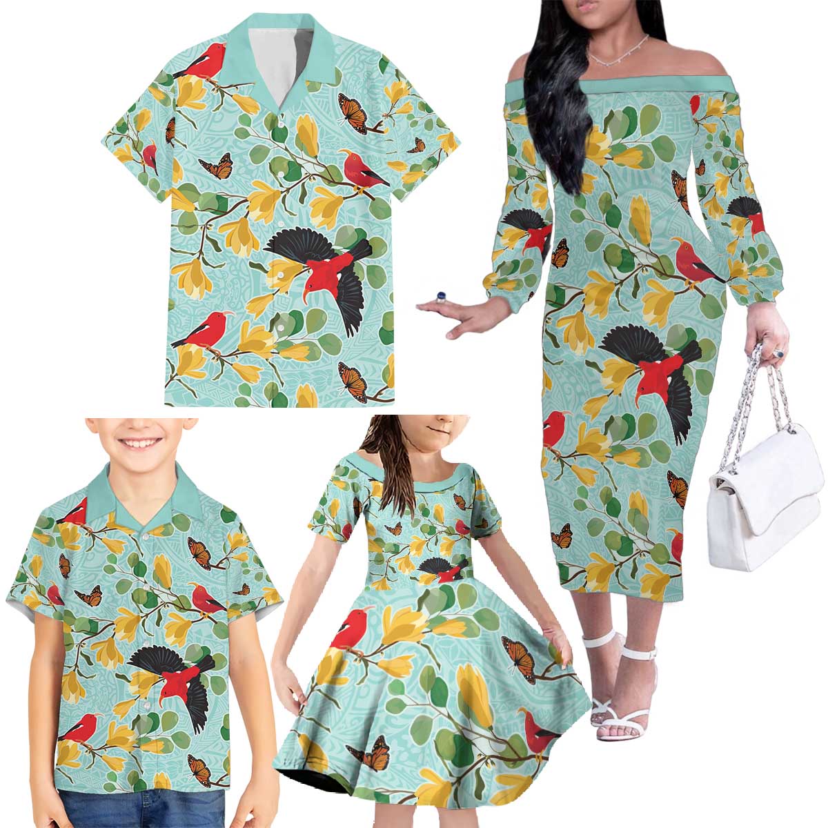 Aloha Hawaii Family Matching Off The Shoulder Long Sleeve Dress and Hawaiian Shirt I'iwi on Mamane Pastel Turquoise LT7 - Polynesian Pride