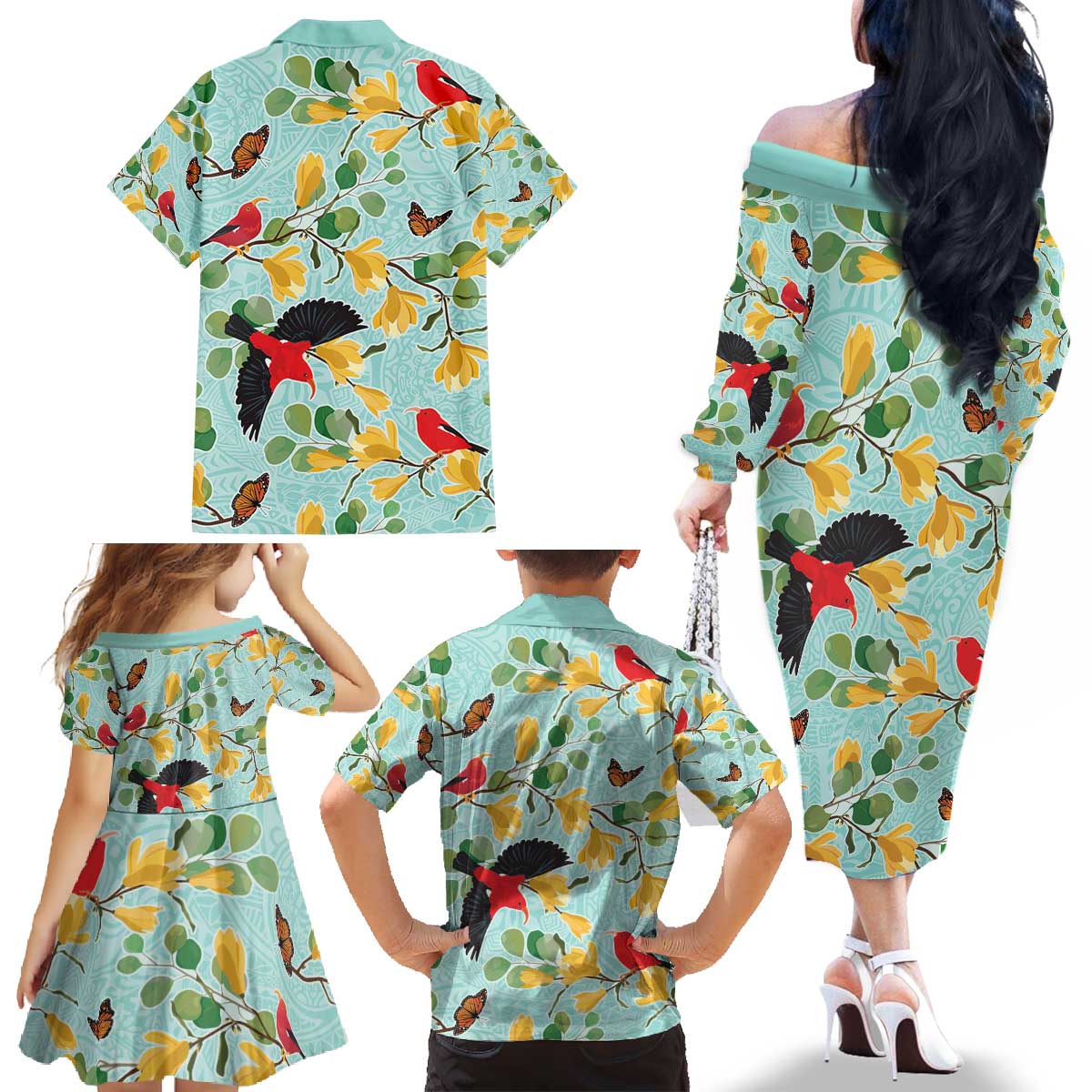 Aloha Hawaii Family Matching Off The Shoulder Long Sleeve Dress and Hawaiian Shirt I'iwi on Mamane Pastel Turquoise LT7 - Polynesian Pride