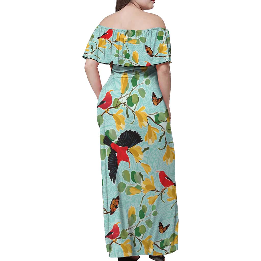 Aloha Hawaii Family Matching Off Shoulder Maxi Dress and Hawaiian Shirt I'iwi on Mamane Pastel Turquoise LT7 - Polynesian Pride