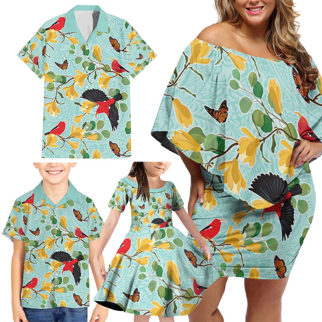 Aloha Hawaii Family Matching Off Shoulder Short Dress and Hawaiian Shirt I'iwi on Mamane Pastel Turquoise LT7 - Polynesian Pride