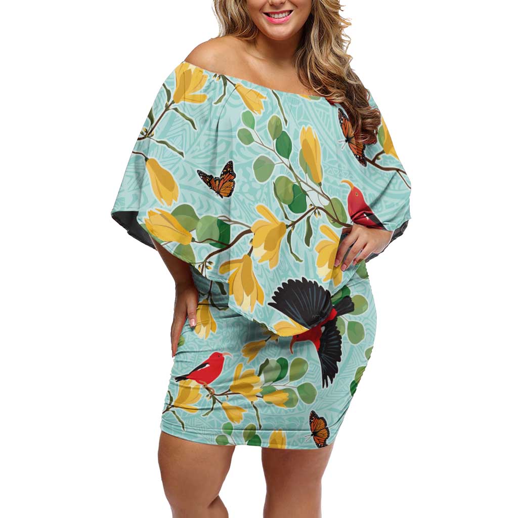 Aloha Hawaii Family Matching Off Shoulder Short Dress and Hawaiian Shirt I'iwi on Mamane Pastel Turquoise LT7 Mom's Dress Turquoise - Polynesian Pride