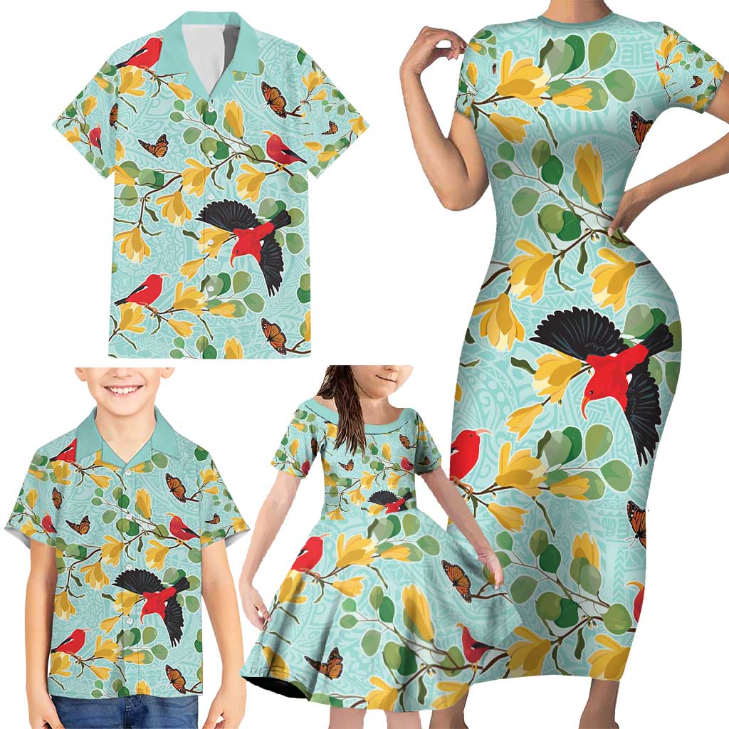 Aloha Hawaii Family Matching Short Sleeve Bodycon Dress and Hawaiian Shirt I'iwi on Mamane Pastel Turquoise LT7 - Polynesian Pride