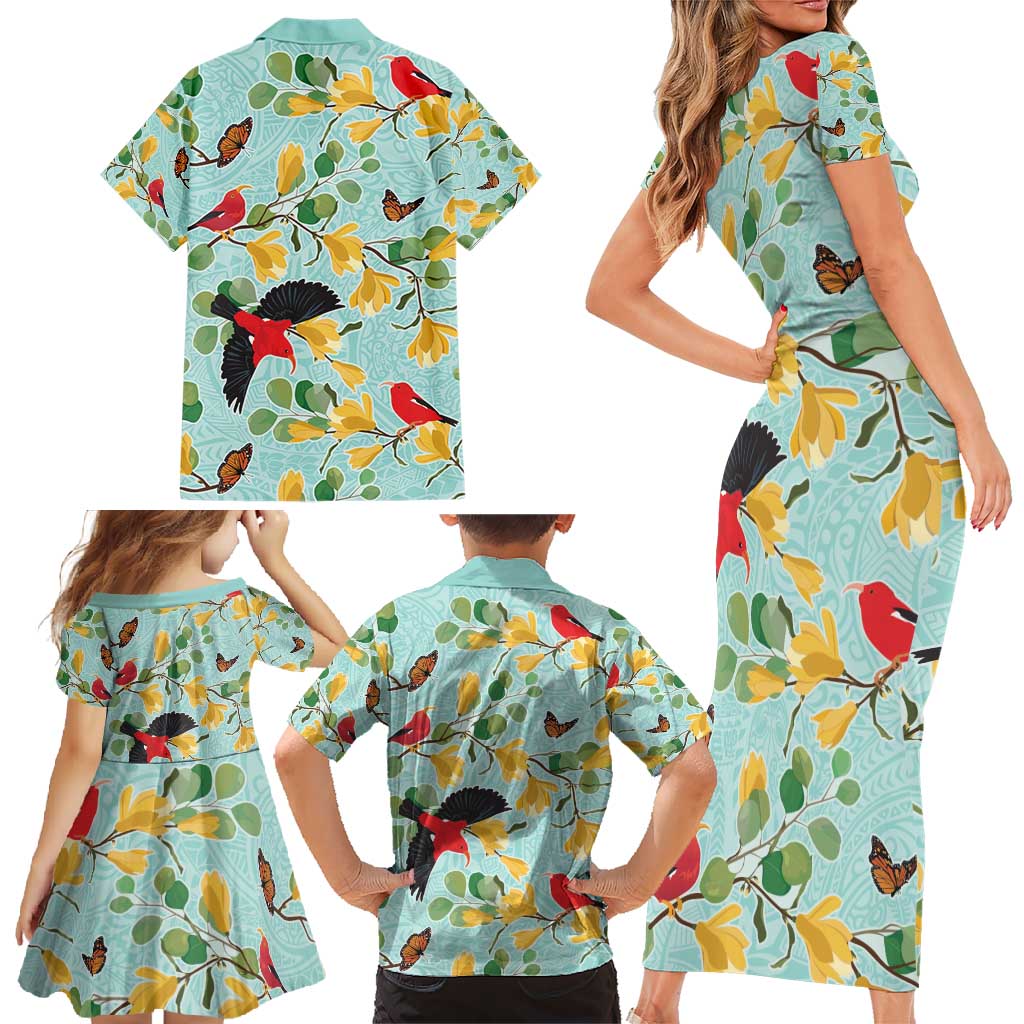 Aloha Hawaii Family Matching Short Sleeve Bodycon Dress and Hawaiian Shirt I'iwi on Mamane Pastel Turquoise LT7 - Polynesian Pride