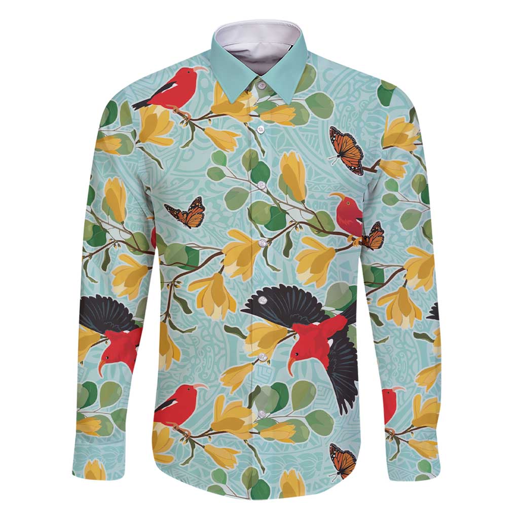 Aloha Hawaii Family Matching Short Sleeve Bodycon Dress and Hawaiian Shirt I'iwi on Mamane Pastel Turquoise LT7 Dad's Shirt - Long Sleeve Turquoise - Polynesian Pride