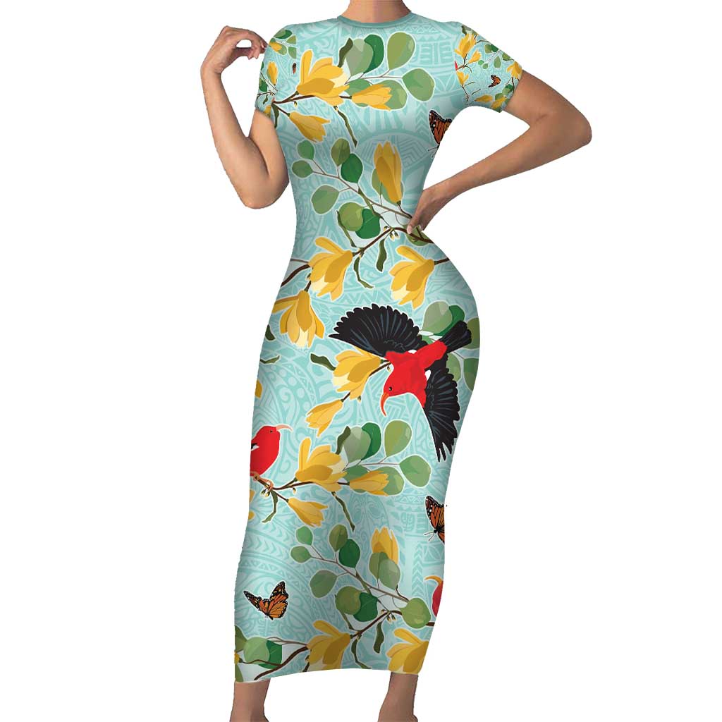 Aloha Hawaii Family Matching Short Sleeve Bodycon Dress and Hawaiian Shirt I'iwi on Mamane Pastel Turquoise LT7 Mom's Dress Turquoise - Polynesian Pride