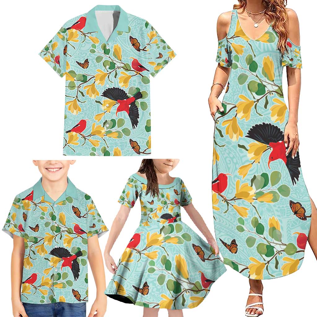 Aloha Hawaii Family Matching Summer Maxi Dress and Hawaiian Shirt I'iwi on Mamane Pastel Turquoise LT7 - Polynesian Pride