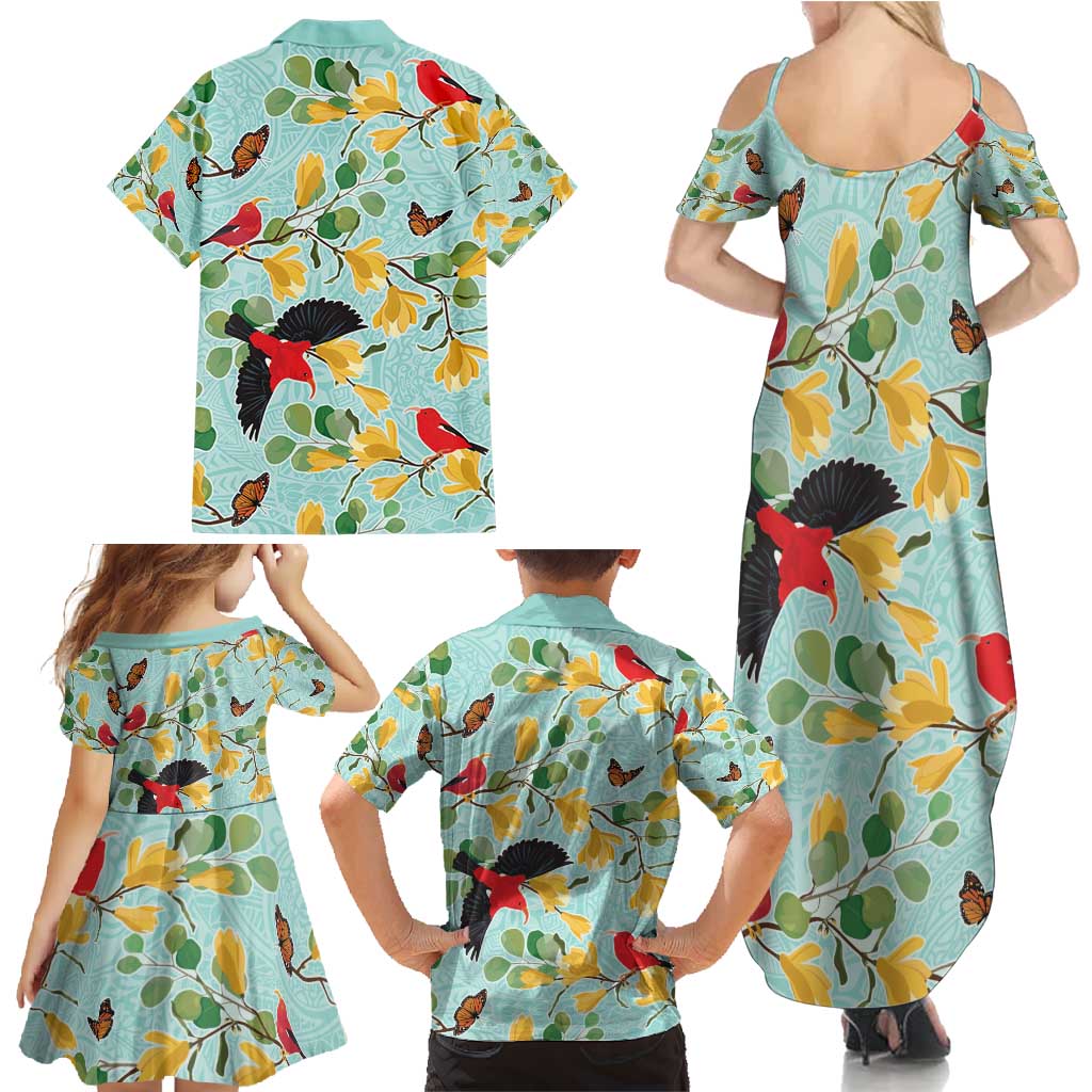 Aloha Hawaii Family Matching Summer Maxi Dress and Hawaiian Shirt I'iwi on Mamane Pastel Turquoise LT7 - Polynesian Pride