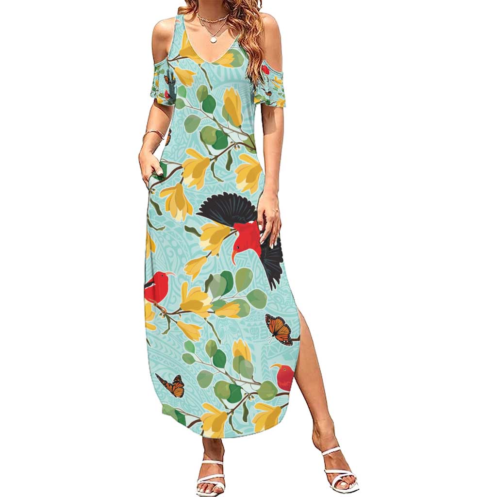 Aloha Hawaii Family Matching Summer Maxi Dress and Hawaiian Shirt I'iwi on Mamane Pastel Turquoise LT7 Mom's Dress Turquoise - Polynesian Pride