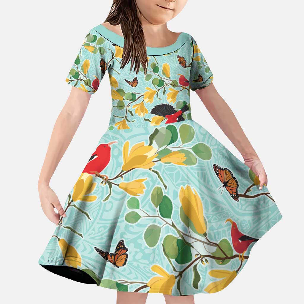 Aloha Hawaii Family Matching Tank Maxi Dress and Hawaiian Shirt I'iwi on Mamane Pastel Turquoise LT7 Daughter's Dress Turquoise - Polynesian Pride