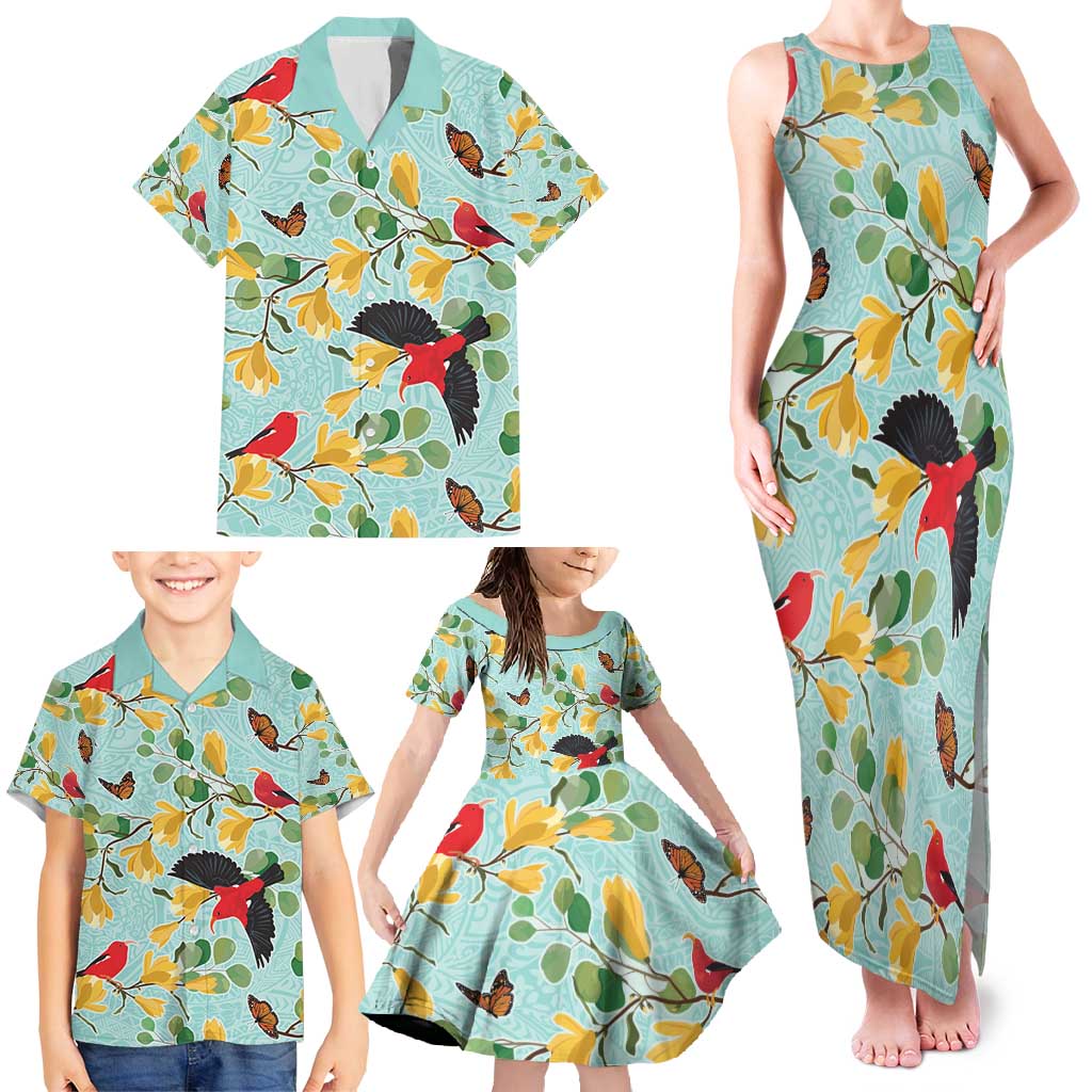 Aloha Hawaii Family Matching Tank Maxi Dress and Hawaiian Shirt I'iwi on Mamane Pastel Turquoise LT7 - Polynesian Pride