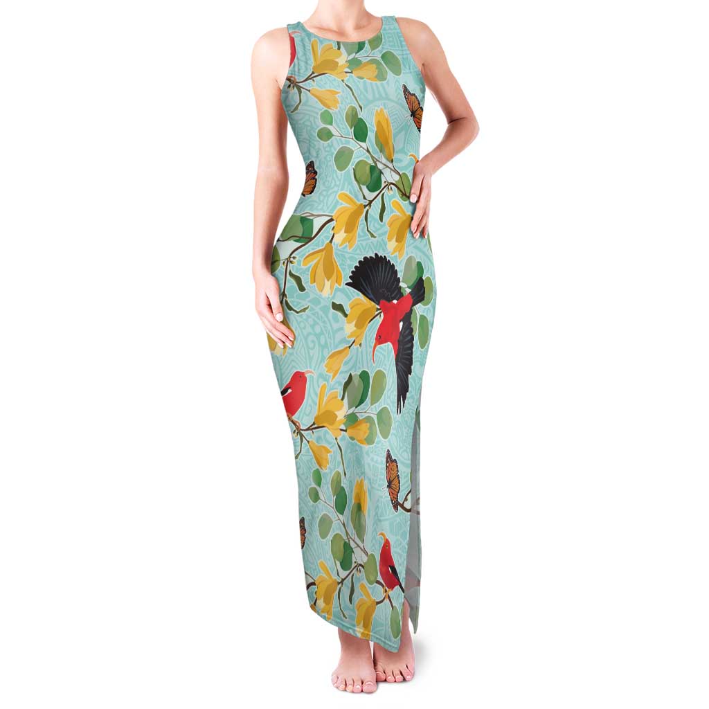 Aloha Hawaii Family Matching Tank Maxi Dress and Hawaiian Shirt I'iwi on Mamane Pastel Turquoise LT7 Mom's Dress Turquoise - Polynesian Pride