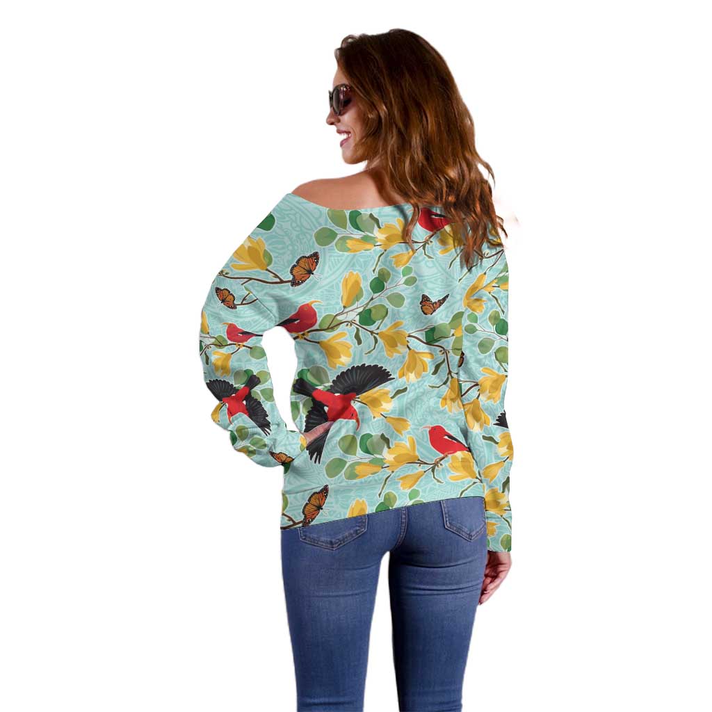 Aloha Hawaii Off Shoulder Sweater I'iwi on Mamane Pastel Turquoise