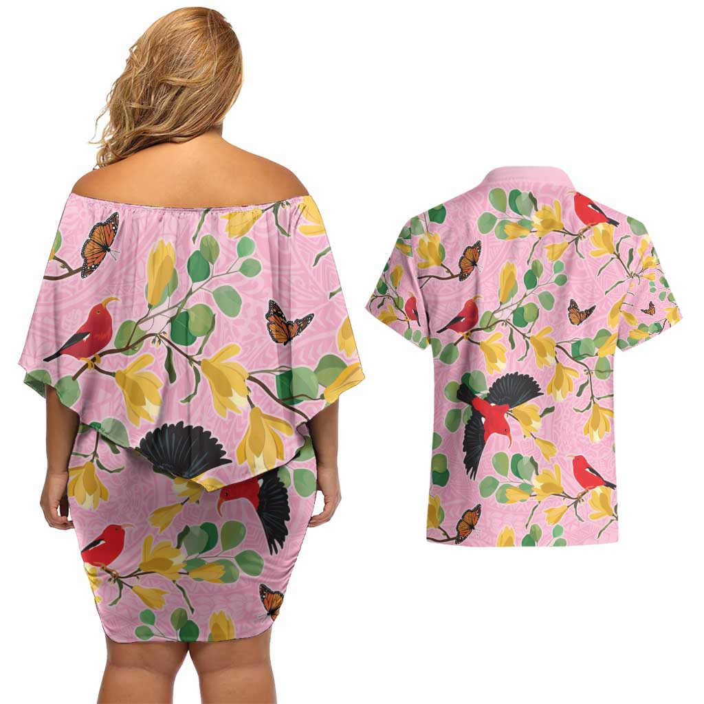 Aloha Hawaii Couples Matching Off Shoulder Short Dress and Hawaiian Shirt I'iwi on Mamane Pastel Pink