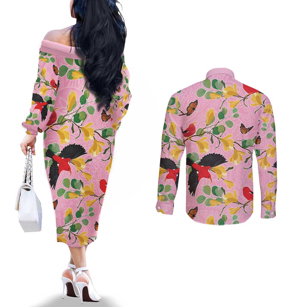Aloha Hawaii Couples Matching Off The Shoulder Long Sleeve Dress and Long Sleeve Button Shirt I'iwi on Mamane Pastel Pink